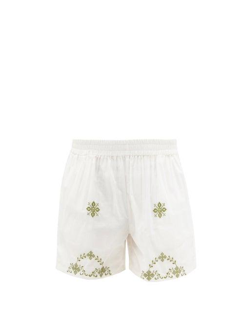Mens Rtw Harago - Shaku Cross-stitched Upcycled Cotton-khadi Shorts - Mens - White