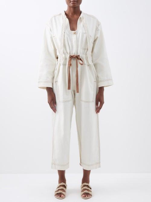 Wiggy Kit - Chelsea Belted Cotton-canvas Jumpsuit - Womens - White Brown