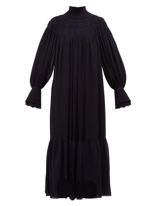 Matchesfashion.com Chlo - Ribbed Neck Silk Georgette Dress - Womens - Dark Navy