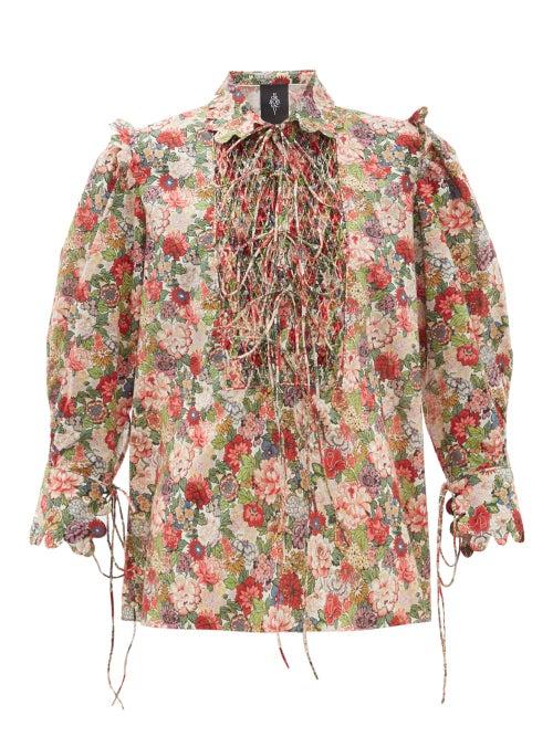 Matchesfashion.com Horror Vacui - Electra Floral Print Smocked Cotton Blouse - Womens - Red Multi