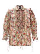 Matchesfashion.com Horror Vacui - Electra Floral Print Smocked Cotton Blouse - Womens - Red Multi