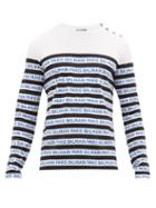 Matchesfashion.com Balmain - Logo Stripe Cotton Jersey Long Sleeve T Shirt - Mens - Black Blue