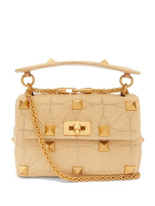 Ladies Bags Valentino Garavani - Roman Stud Large Faux Raffia Shoulder Bag - Womens - Cream