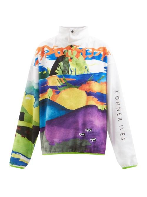 Conner Ives - Folk-art Print High-neck Fleece-jersey Sweatshirt - Womens - White Multi
