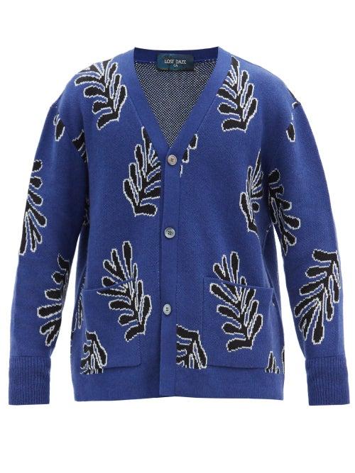Matchesfashion.com Lost Daze - Palm-jacquard Cotton-blend Cardigan - Mens - Blue