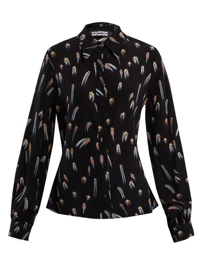 Rockins Shooting-star Print Point-collar Silk Blouse