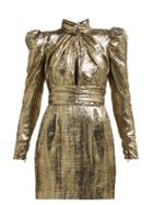 Matchesfashion.com Dundas - Puffed Sleeve Silk Blend Lam Mini Dress - Womens - Bronze