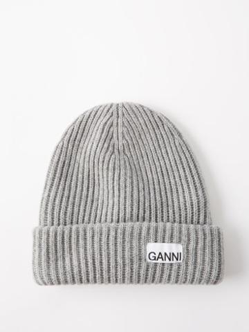 Ganni - Logo-patch Ribbed Wool-blend Beanie Hat - Womens - Light Grey