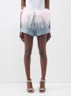 Germanier - Feather-trimmed Sequinned Cotton-blend Shorts - Womens - Blue Multi