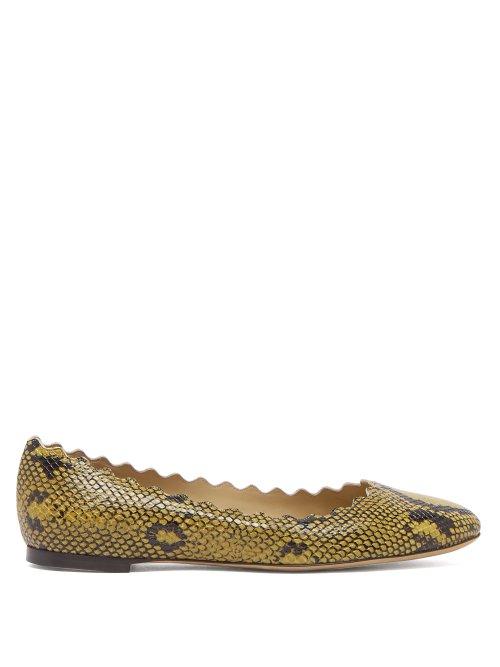 Matchesfashion.com Chlo - Lauren Scallop Edge Snake Effect Leather Flats - Womens - Yellow Multi