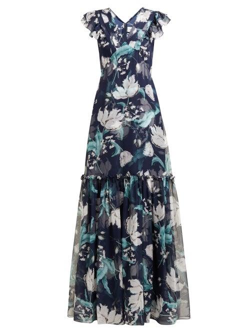 Matchesfashion.com Erdem - Franceline Leighton Floral Print Ruffled Gown - Womens - Navy Print
