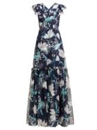 Matchesfashion.com Erdem - Franceline Leighton Floral Print Ruffled Gown - Womens - Navy Print