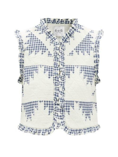 Ladies Rtw Sea - Gloucester Patchwork-gingham Quilted Cotton Gilet - Womens - Blue White