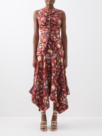 Ulla Johnson - Alma Anemone Ruched Silk Maxi Dress - Womens - Burgundy Print