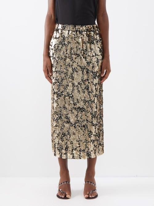 Raey - Gold Leaf Sequin Paperbag Skirt - Womens - Metallic