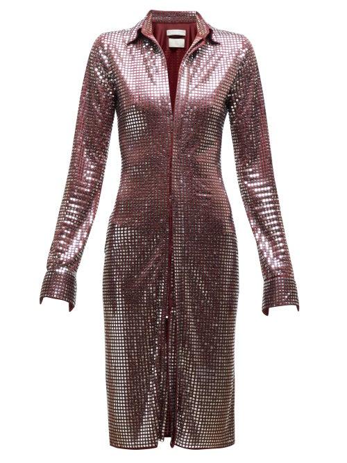 Matchesfashion.com Bottega Veneta - Stud Embellished Satin Jersey Shirtdress - Womens - Burgundy