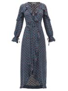Matchesfashion.com D'ascoli - Mileta Ruffle Trimmed Printed Silk Wrap Dress - Womens - Blue