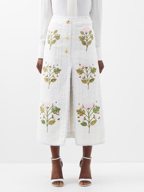 Giambattista Valli - Rose-embroidered Cotton-blend Boucl Midi Skirt - Womens - Ivory Multi