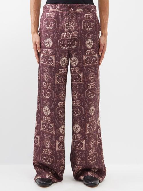 73 London - Lion-print Silk-twill Wide-leg Trousers - Mens - Red Multi
