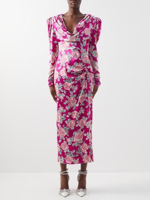 Alessandra Rich - Draped Floral-print Silk-satin Midi Dress - Womens - Fuchsia