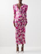 Alessandra Rich - Draped Floral-print Silk-satin Midi Dress - Womens - Fuchsia