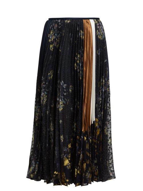 Matchesfashion.com Mame Kurogouchi - High Rise Geometric Fil Coup Pleated Midi Skirt - Womens - Navy Multi