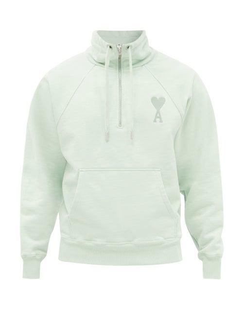 Ami - Ami De Caur-logo Half-zip Cotton-jersey Sweatshirt - Mens - Light Green