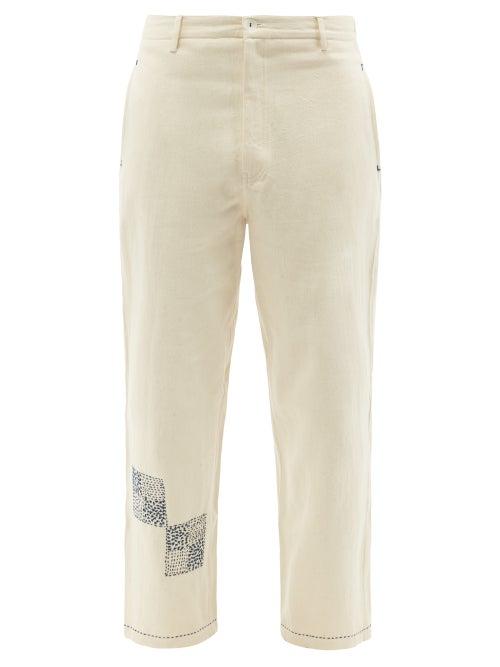 Harago - Kantha-embroidered Cotton-canvas Trousers - Mens - Cream