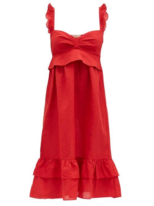 Matchesfashion.com Adriana Degreas - Flounced Linen-blend Midi Dress - Womens - Red