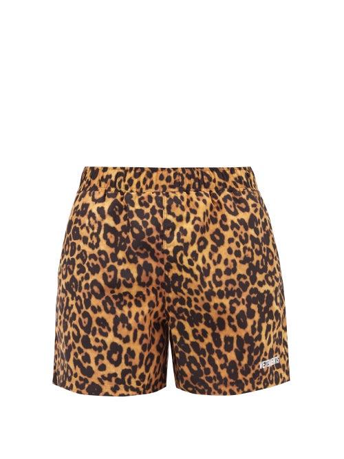 Matchesfashion.com Vetements - Logo And Leopard-print Swim Shorts - Mens - Brown Multi