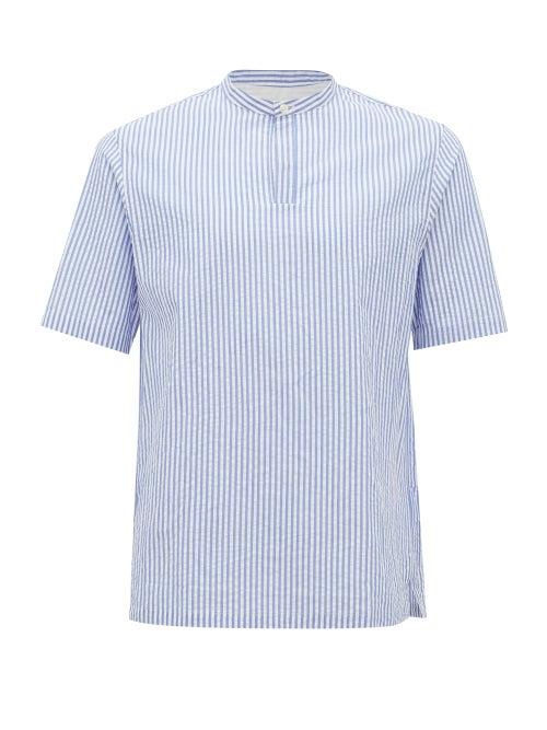Matchesfashion.com Officine Gnrale - Tomi Band-collar Striped Cotton-seersucker Shirt - Mens - Blue White