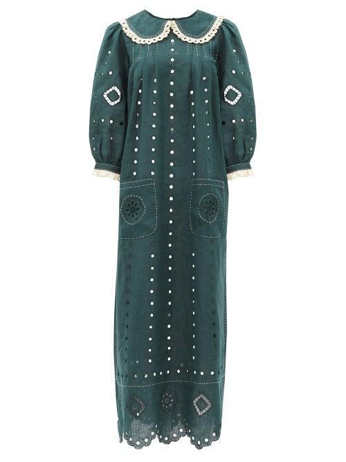 Matchesfashion.com Vita Kin - Charlie Broderie-anglaise Linen Dress - Womens - Green White