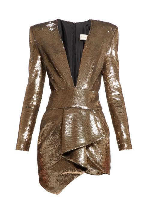 Matchesfashion.com Alexandre Vauthier - Plunge Neck Sequin Mini Dress - Womens - Gold