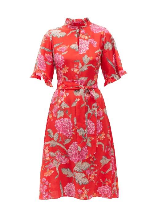 Matchesfashion.com Beulah - Rohda Dahlia-print Belted Silk Midi Dress - Womens - Red Multi