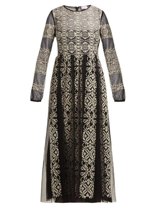 Matchesfashion.com Redvalentino - Cross Stitched Tulle Midi Dress - Womens - Black White