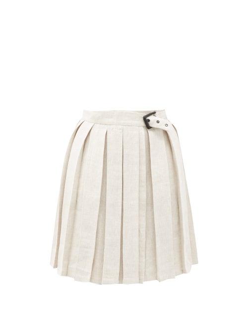Matchesfashion.com Art School - Buckled Pleated Linen Mini Skirt - Womens - Beige