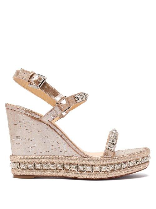 Matchesfashion.com Christian Louboutin - Pyradiams 110 Studded Cork Wedge Sandals - Womens - Silver Gold