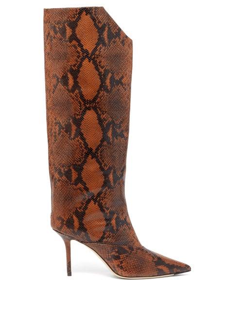 Matchesfashion.com Jimmy Choo - Brelan 85 Python Effect Leather Knee High Boots - Womens - Tan Multi