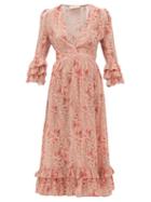 Matchesfashion.com Adriana Degreas - Aloe Print Ruffled Hem Silk Crepe Dress - Womens - Pink Print