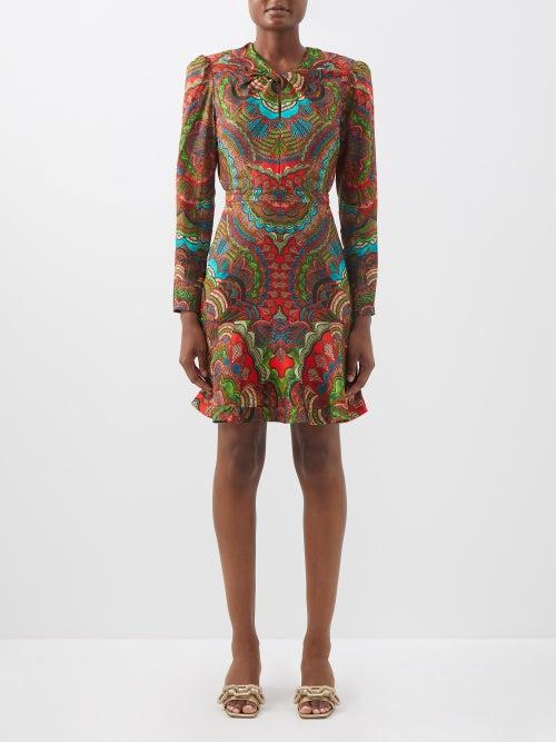 Saloni - Claudia Flared-hem Printed-silk Dress - Womens - Red Multi