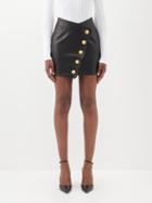 Balmain - Asymmetric Buttoned Leather Mini Skirt - Womens - Black