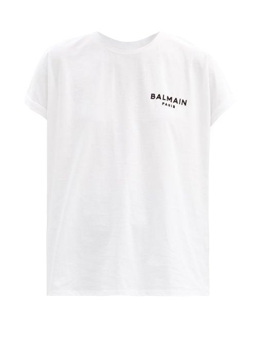 Matchesfashion.com Balmain - Flocked-logo Cotton-jersey T-shirt - Womens - White Black