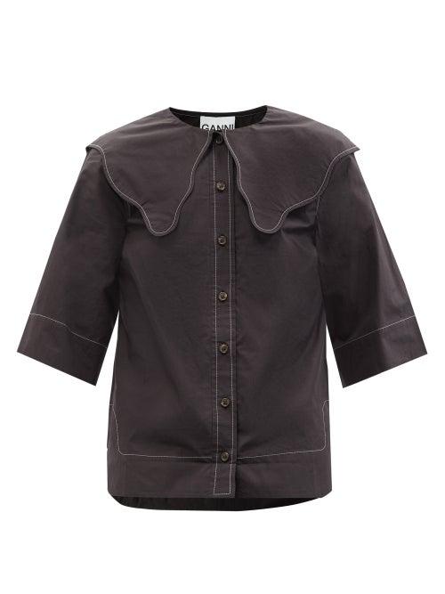 Ladies Rtw Ganni - Chelsea-collar Organic Cotton-poplin Blouse - Womens - Black