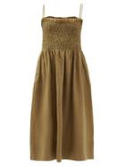 Ladies Beachwear Three Graces London - Lena Smocked Linen Midi Dress - Womens - Khaki