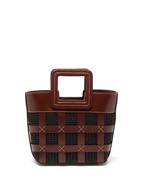 Staud - Shirley Mini Raffia And Leather Tote Bag - Womens - Black Multi