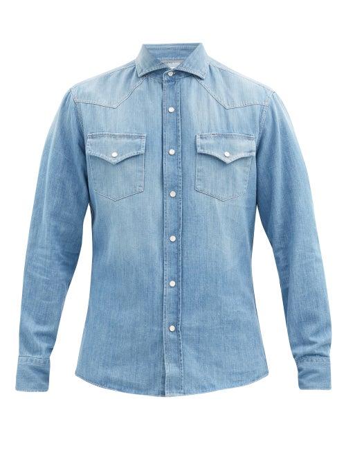 Matchesfashion.com Brunello Cucinelli - Snap-button Washed-denim Cotton Shirt - Mens - Blue