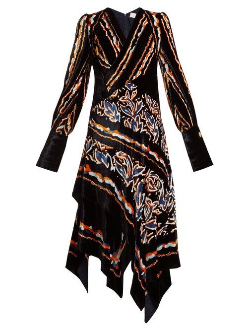 Matchesfashion.com Peter Pilotto - Scarf Graphic Print Velvet Dress - Womens - Navy Print
