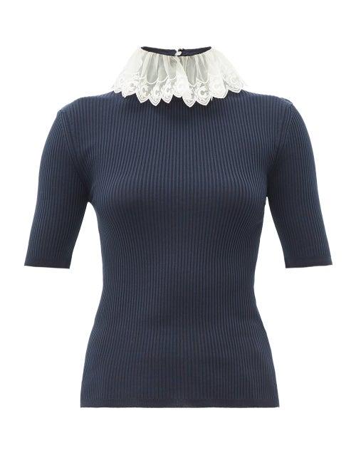 Matchesfashion.com Chlo - Lace Collar Ribbed Knit Sweater - Womens - Navy Multi