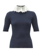 Matchesfashion.com Chlo - Lace Collar Ribbed Knit Sweater - Womens - Navy Multi