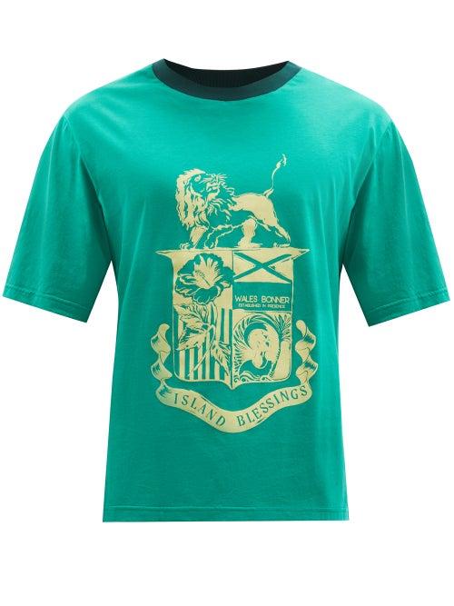 Matchesfashion.com Wales Bonner - Johnson Crest-print Organic Cotton-jersey T-shirt - Mens - Green